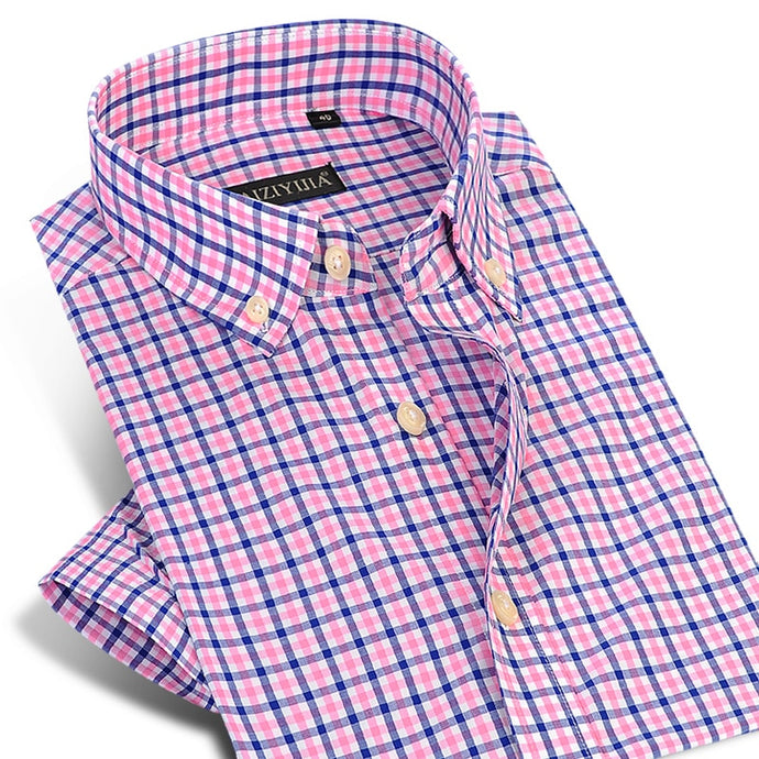 Men's Short Sleeve Contrast Plaid Dress Shirt Comfortable Pure Cotton Thin Smart Casual Mini-Check Slim-fit Button-down Shirts