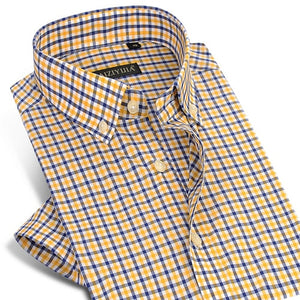 Men's Short Sleeve Contrast Plaid Dress Shirt Comfortable Pure Cotton Thin Smart Casual Mini-Check Slim-fit Button-down Shirts