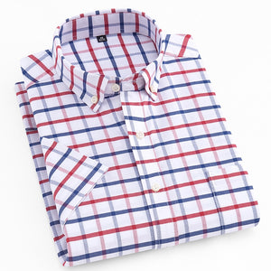 Men's Standard-fit Short Sleeve Dress Shirts Patch Chest Pocket Summer Casual Solid/plaid/striped Button-down Collar Tops Shirt