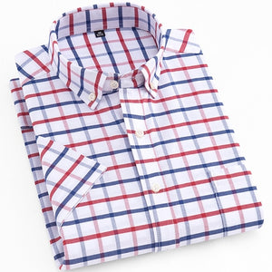 Men's Standard-fit Short Sleeve Dress Shirts Patch Chest Pocket Summer Casual Solid/plaid/striped Button-down Collar Tops Shirt