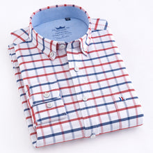 Load image into Gallery viewer, Men&#39;s Long Sleeve Plaid Striped Dress Shirts Single Front Chest Pocket Regular Fit Button-collar Cotton Oxford Social Shirt Male