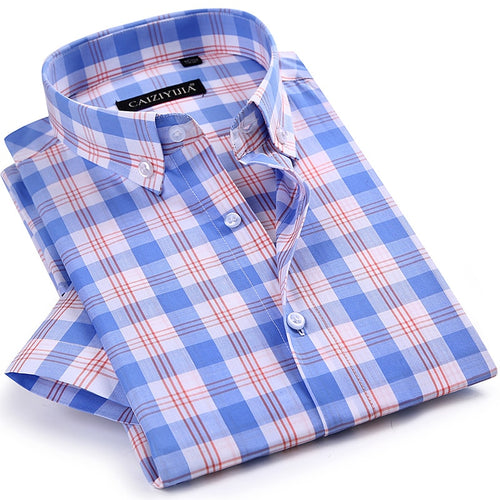 Men's Checkered Plaid Short Sleeve Dress Shirt Worn-in Comfortable Pure Cotton Thin Smart Casual Regular-fit Button-down Shirts