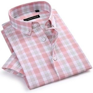 Men's Checkered Plaid Short Sleeve Dress Shirt Worn-in Comfortable Pure Cotton Thin Smart Casual Regular-fit Button-down Shirts
