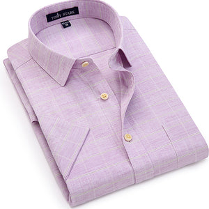 Men's Regular-fit Short Sleeve Cotton Linen Shirts Patch Single Chest Pocket Male Work Office Brief Thin Plaid Print Dress Shirt