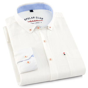 Men's Regular-Fit Long-Sleeve Linen Cotton Shirt Patch Single Chest Pocket Button-collar Summer Thin Breath Solid Casual Shirts