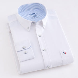 Men's Long Sleeve Plaid Striped Dress Shirts Single Front Chest Pocket Regular Fit Button-collar Cotton Oxford Social Shirt Male