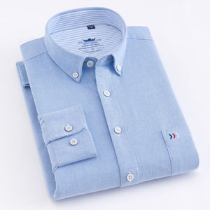 Men's Long Sleeve Plaid Striped Dress Shirts Single Front Chest Pocket Regular Fit Button-collar Cotton Oxford Social Shirt Male