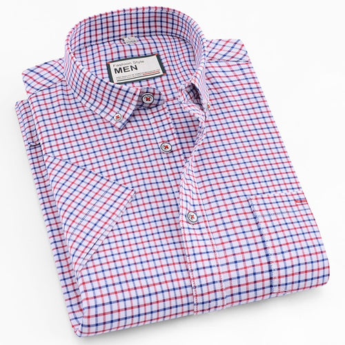 Men's Checked Standard-fit Short-Sleeve Dress Shirt Thin Soft Striped/Plaid Button-down Collar Oxford Cotton Shirts