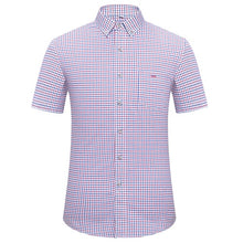 Load image into Gallery viewer, Men's Checked Standard-fit Short-Sleeve Dress Shirt Thin Soft Striped/Plaid Button-down Collar Oxford Cotton Shirts