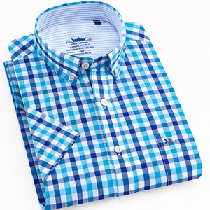 Men's Standard-Fit Short-Sleeve Checkered Plaid Shirt Patch Chest Pocket Casual  Button-down Comfortable Cotton Dress Shirts