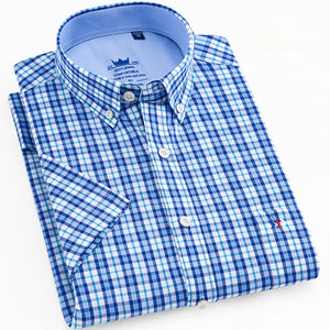 Men's Standard-Fit Short-Sleeve Checkered Plaid Shirt Patch Chest Pocket Casual  Button-down Comfortable Cotton Dress Shirts