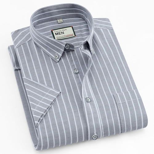 Men's Thin Short-Sleeve Stripe Pocket Stretch Oxford Shirt Button Down Collar Standard-fit 100% Cotton Dress Shirts