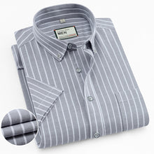 Load image into Gallery viewer, Men's Thin Short-Sleeve Stripe Pocket Stretch Oxford Shirt Button Down Collar Standard-fit 100% Cotton Dress Shirts
