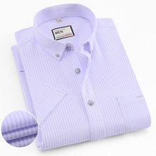 Load image into Gallery viewer, Men's Thin Short-Sleeve Stripe Pocket Stretch Oxford Shirt Button Down Collar Standard-fit 100% Cotton Dress Shirts