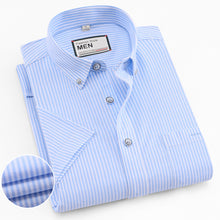 Load image into Gallery viewer, Men's Thin Short-Sleeve Stripe Pocket Stretch Oxford Shirt Button Down Collar Standard-fit 100% Cotton Dress Shirts