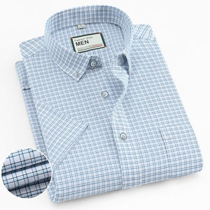 Men's Thin Short-Sleeve Stripe Pocket Stretch Oxford Shirt Button Down Collar Standard-fit 100% Cotton Dress Shirts
