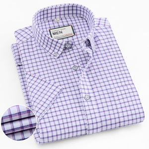 Men's Thin Short-Sleeve Stripe Pocket Stretch Oxford Shirt Button Down Collar Standard-fit 100% Cotton Dress Shirts