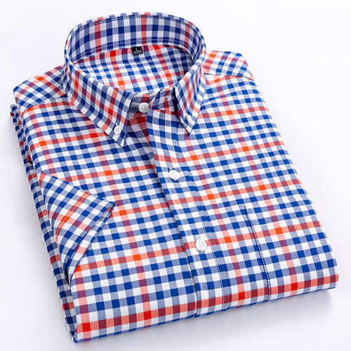 Men's Casual Short-Sleeve Checkered Shirts Standard-fit Summer Thin Soft 100% Cotton Button-down Plaid Striped Dress Shirt
