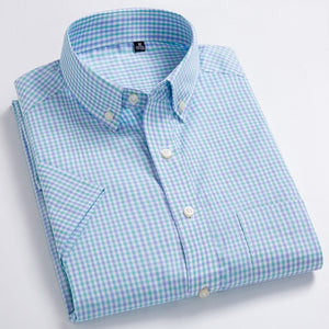 Men's Casual Short-Sleeve Checkered Shirts Standard-fit Summer Thin Soft 100% Cotton Button-down Plaid Striped Dress Shirt