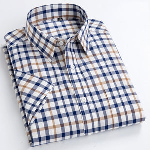 Men's Casual Short-Sleeve Checkered Shirts Standard-fit Summer Thin Soft 100% Cotton Button-down Plaid Striped Dress Shirt