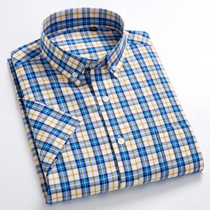 Men's Casual Short-Sleeve Checkered Shirts Standard-fit Summer Thin Soft 100% Cotton Button-down Plaid Striped Dress Shirt