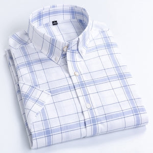 Men's Casual Short-Sleeve Checkered Shirts Standard-fit Summer Thin Soft 100% Cotton Button-down Plaid Striped Dress Shirt