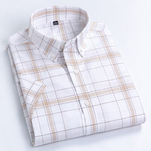 Men's Casual Short-Sleeve Checkered Shirts Standard-fit Summer Thin Soft 100% Cotton Button-down Plaid Striped Dress Shirt