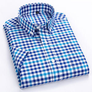 Men's Casual Short-Sleeve Checkered Shirts Standard-fit Summer Thin Soft 100% Cotton Button-down Plaid Striped Dress Shirt