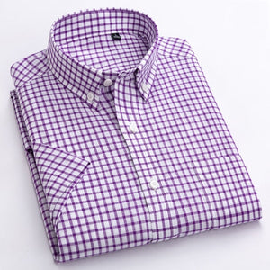 Men's Casual Short-Sleeve Checkered Shirts Standard-fit Summer Thin Soft 100% Cotton Button-down Plaid Striped Dress Shirt