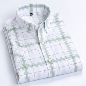 Men's Casual Short-Sleeve Checkered Shirts Standard-fit Summer Thin Soft 100% Cotton Button-down Plaid Striped Dress Shirt