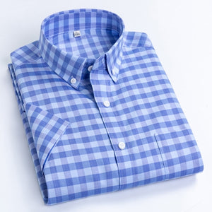 Men's Casual Short-Sleeve Checkered Shirts Standard-fit Summer Thin Soft 100% Cotton Button-down Plaid Striped Dress Shirt