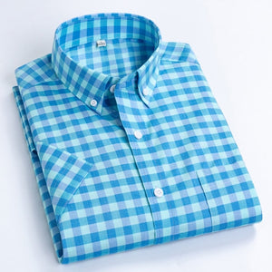 Men's Casual Short-Sleeve Checkered Shirts Standard-fit Summer Thin Soft 100% Cotton Button-down Plaid Striped Dress Shirt