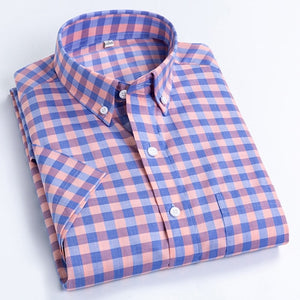 Men's Casual Short-Sleeve Checkered Shirts Standard-fit Summer Thin Soft 100% Cotton Button-down Plaid Striped Dress Shirt